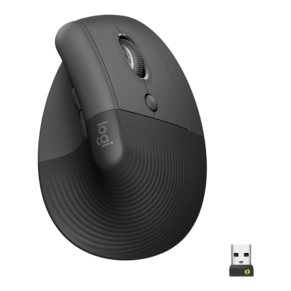 Sort Logitech Lift Vertical trådløs ergonomisk mus, ideel til at reducere håndbelastning.